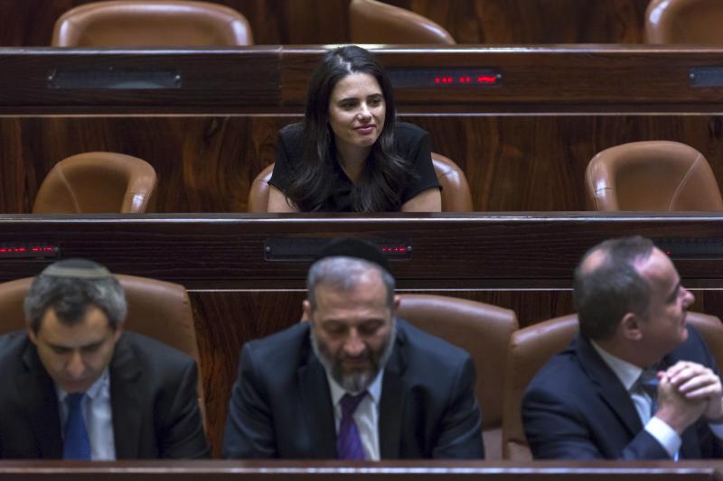 Shaked sits in the plenum before being sworn-in as Justice Minister at parliament in Jerusalem, May 2015.