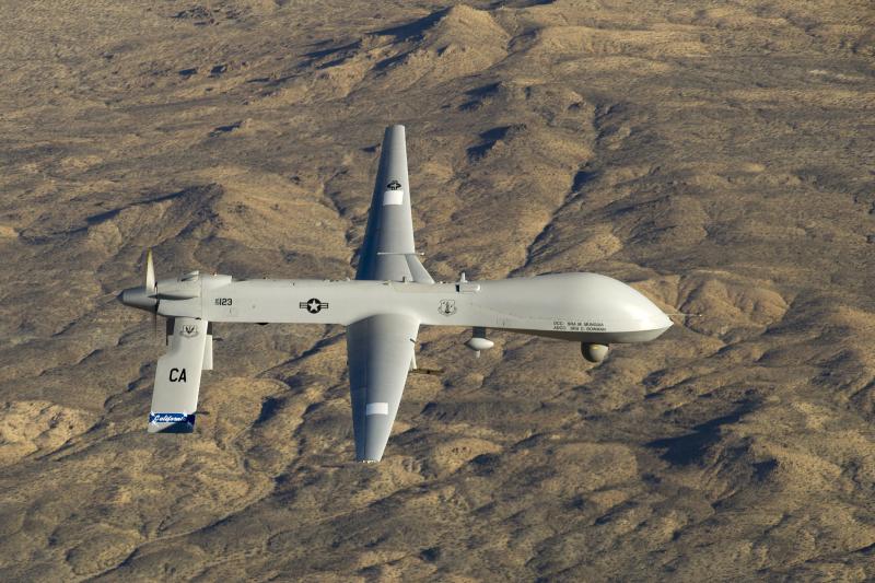 A U.S. Air Force MQ-1 Predator unmanned aerial vehicle flies over California, January 2012.