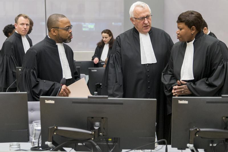 Bensouda with Jean-Jacques Badibanga, Senior Trial Lawyer, and James Stewart, Deputy Prosecutor at the ICC during the Bemba trial, March 2016