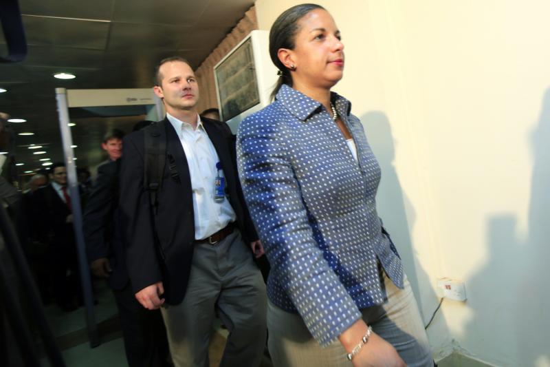 U.S. Ambassador Susan Rice arrives with a delegation of U.N. Security Council at Khartoum Airport May 21, 2011.