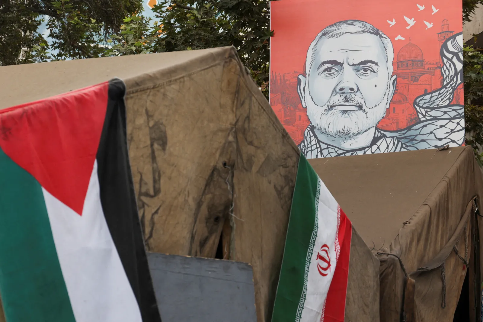 A banner showing Haniyeh in Tehran, August 2024